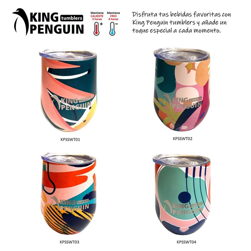 KING PENGUIN - SET de 4 Vasos Termicos de Acero Inox. 355ml - Aislado al Vacío  -Tapa