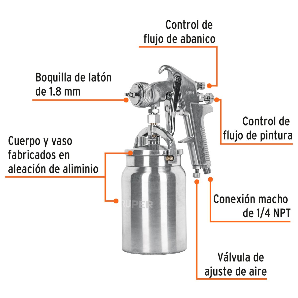 TRUPER - Pistola p/pintar succión HVHP vaso alum, 1.8mm, 3 válvulas COD 14085 Truper