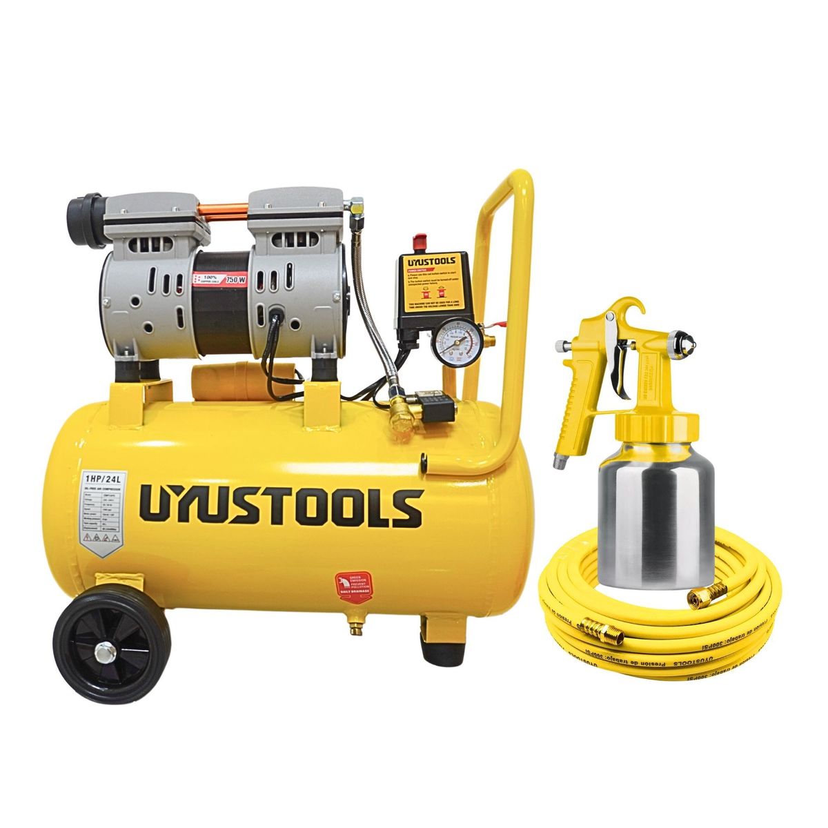 UYUSTOOLS - Kit Compresora silenciosa 24L 1HP  Manguera 5m  pistola para pintar