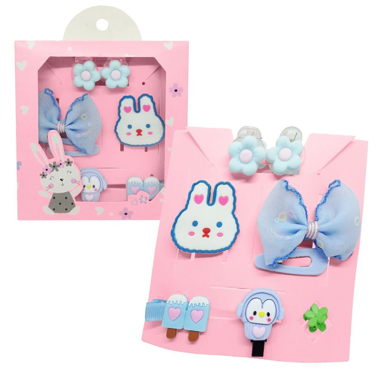 KELLER - Set de 8 Ganchos para Niñas Bebés Kawaii S47 Celeste-Conejo