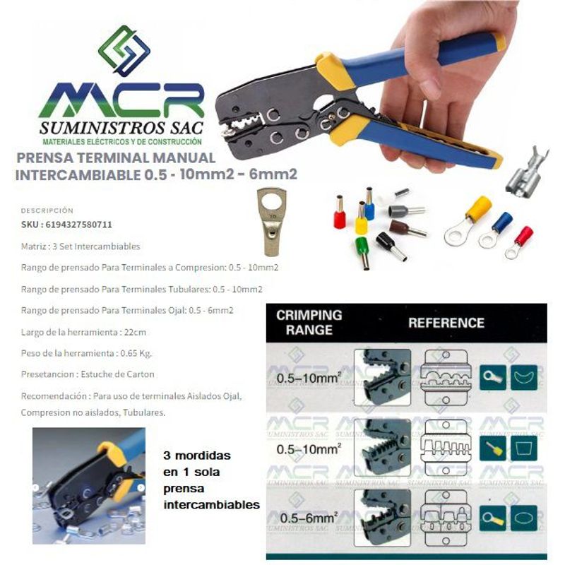 GENERICO - PRENSA TERMINAL MANUAL INTERCAMBIABLE DE 0.5 - 10mm2 - 6mm2