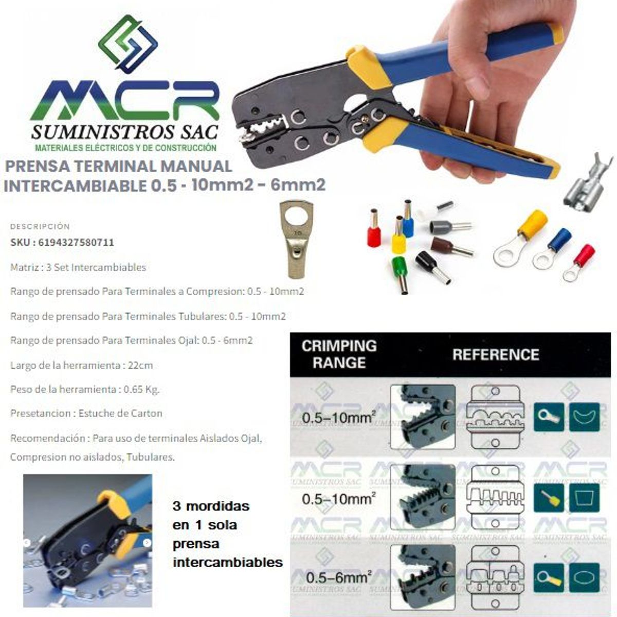 GENERICO - PRENSA TERMINAL MANUAL INTERCAMBIABLE DE 0.5 - 10mm2 - 6mm2