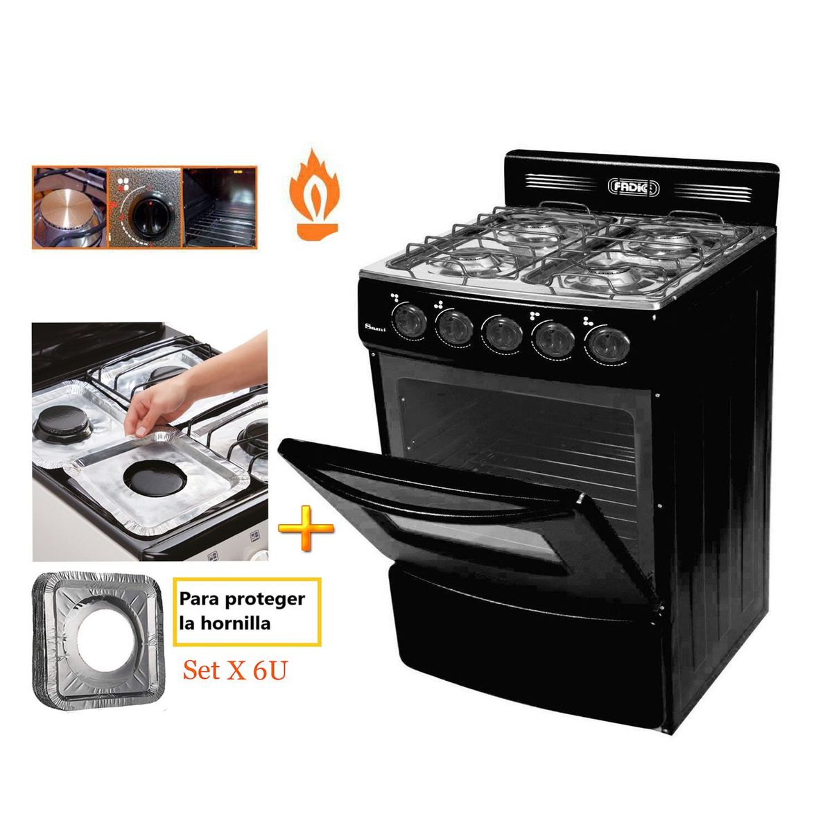 FADIC - Cocina Fadic con respaldar y Horno 20 Sami 4H Negro +Protector