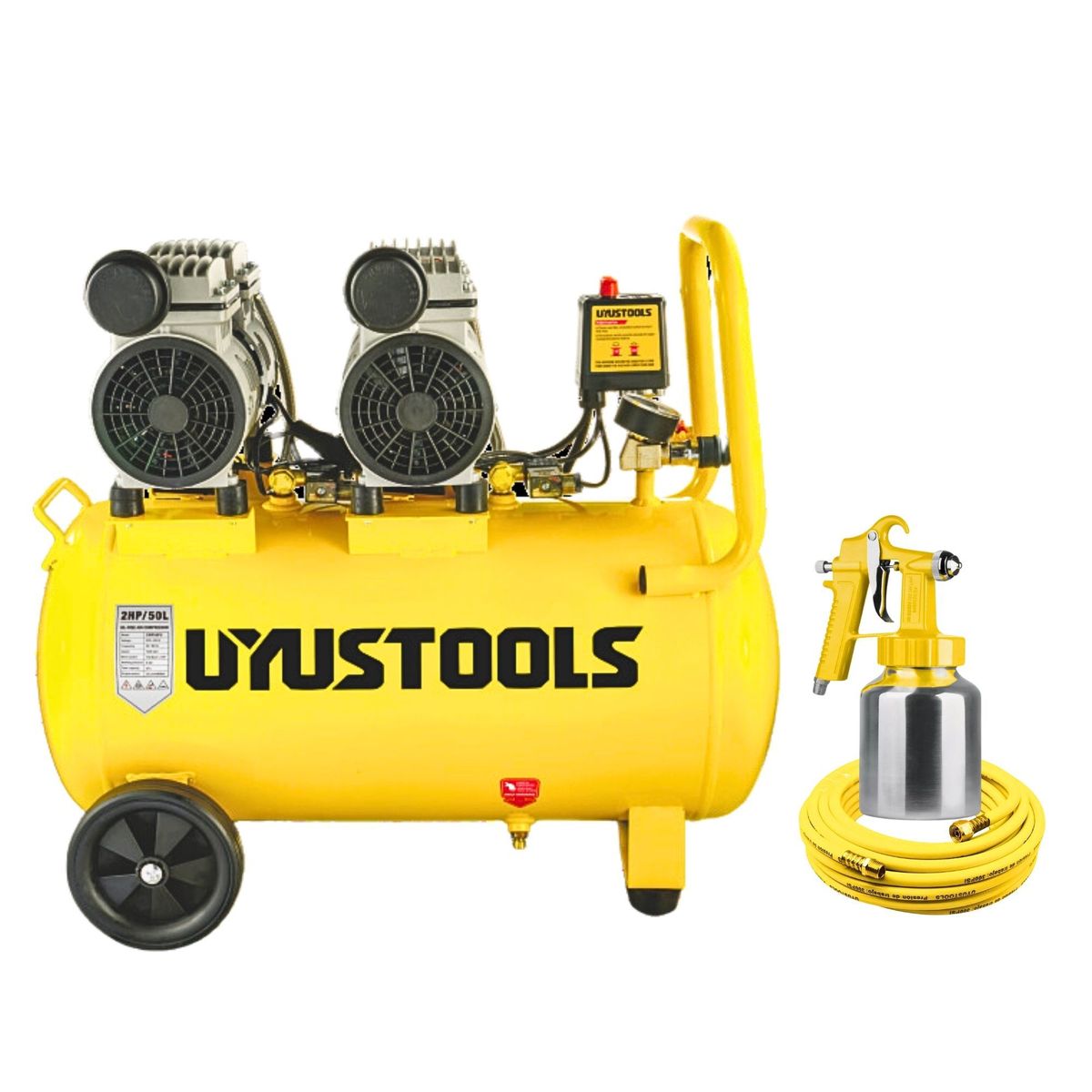 UYUSTOOLS - Kit Compresora  silenciosa 50L  2HP Manguera 5m pistola para pintar
