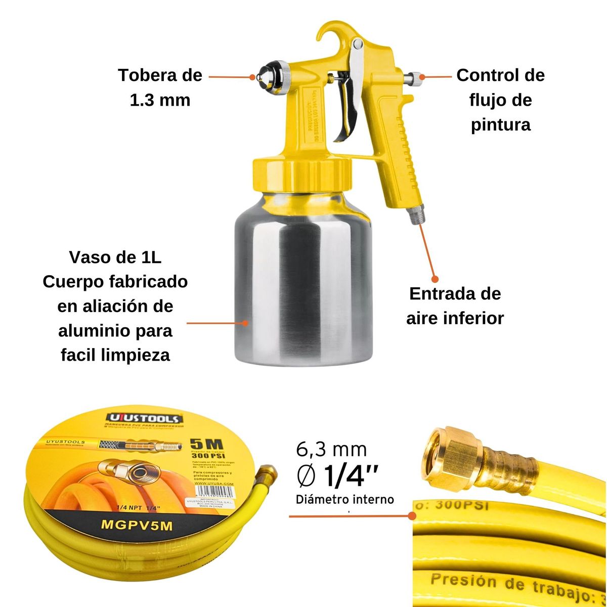 UYUSTOOLS - Kit Compresora  silenciosa 50L  2HP Manguera 5m pistola para pintar