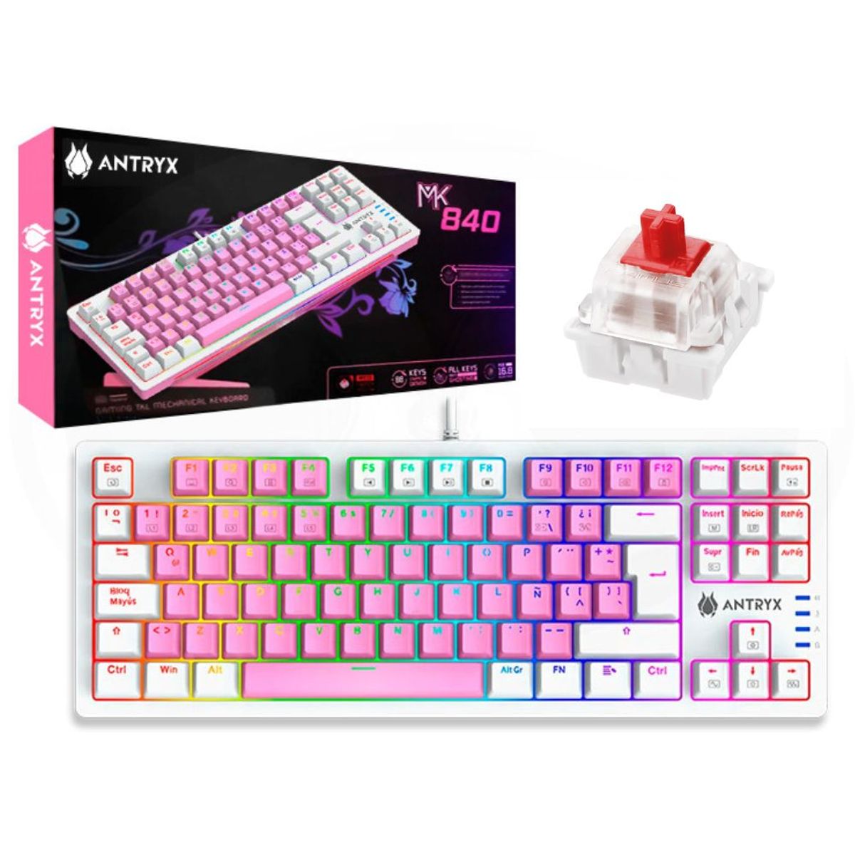 ANTRYX - TECLADO MECANICO TKL ANTRYX CHROME STORM MK840 PINK RED SWITCH LUZ RGB