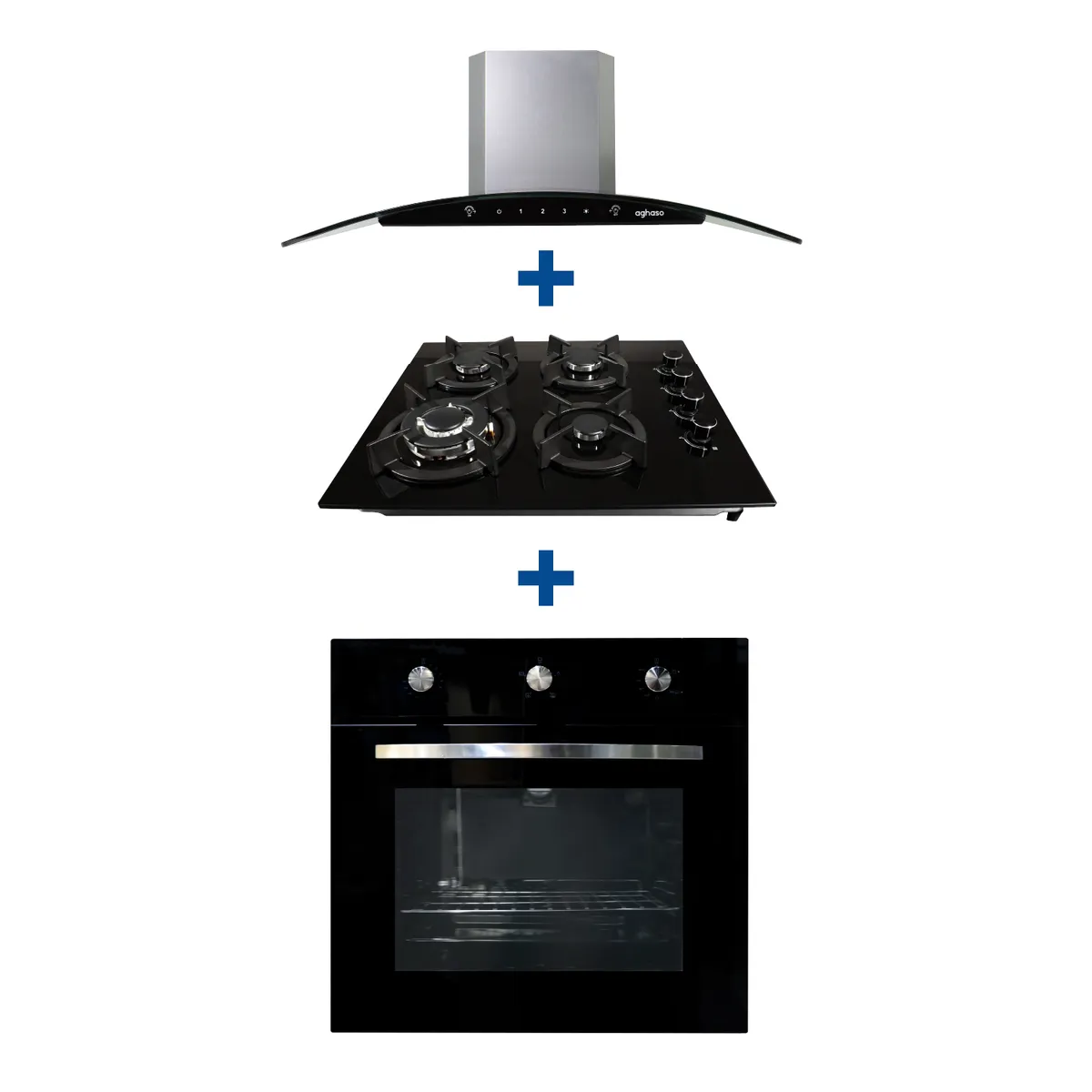 AGHASO - Combo: Horno empotrable GN + Encimera vidrio GN + Campana Chimenea touch 60