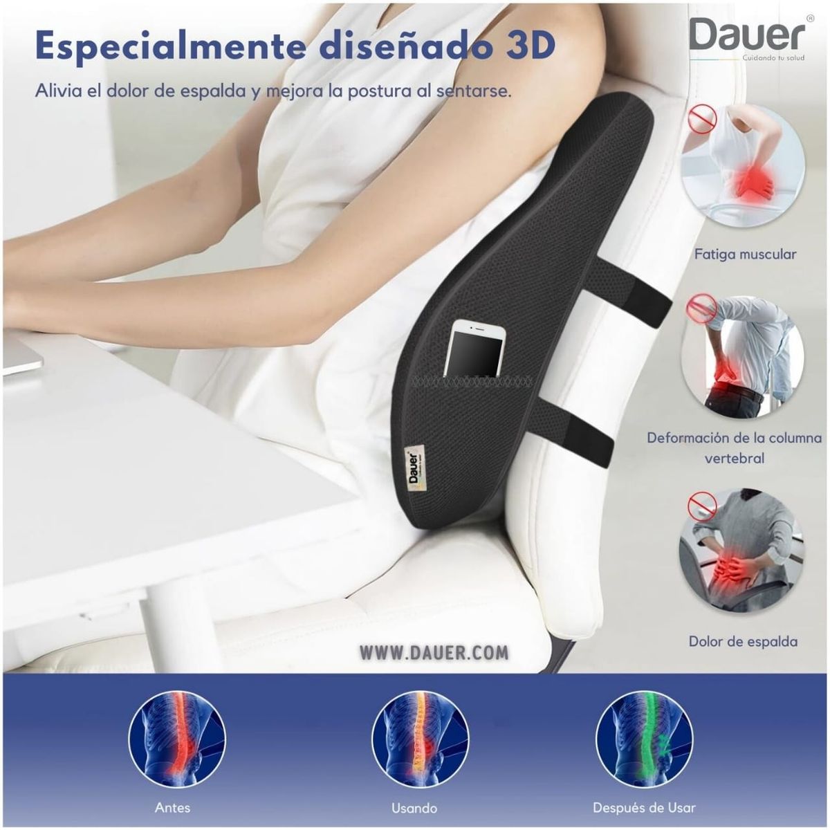 DAUER - Cojín 3D Lumbar Respaldar Viscoelástico Ergonomico conBolsillo Lateral