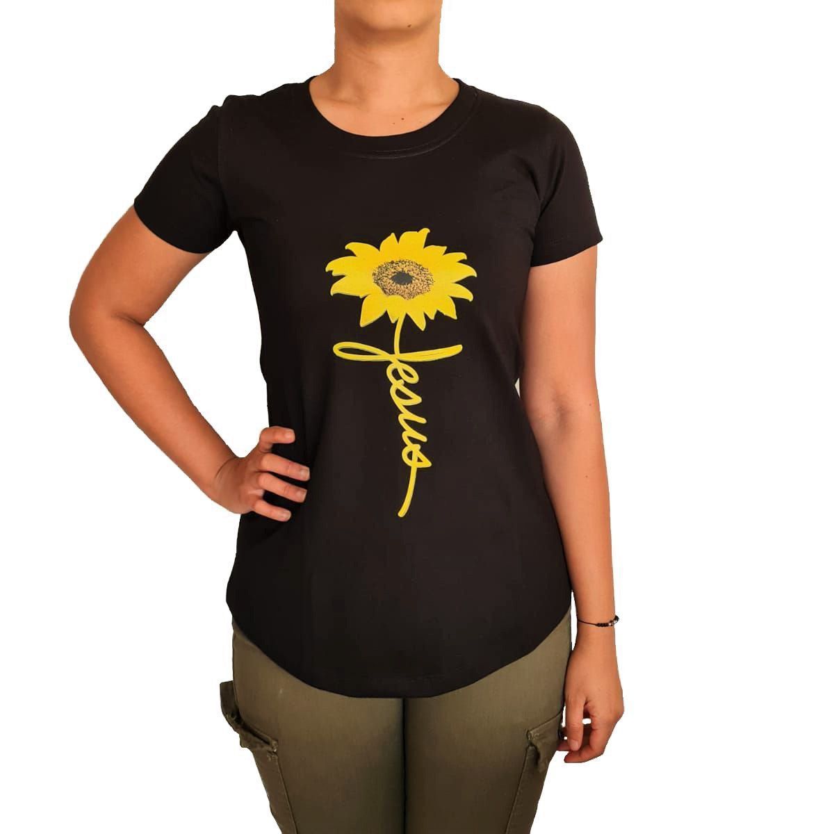 GENERICO - Polo mujer diseño girasoles - Negro