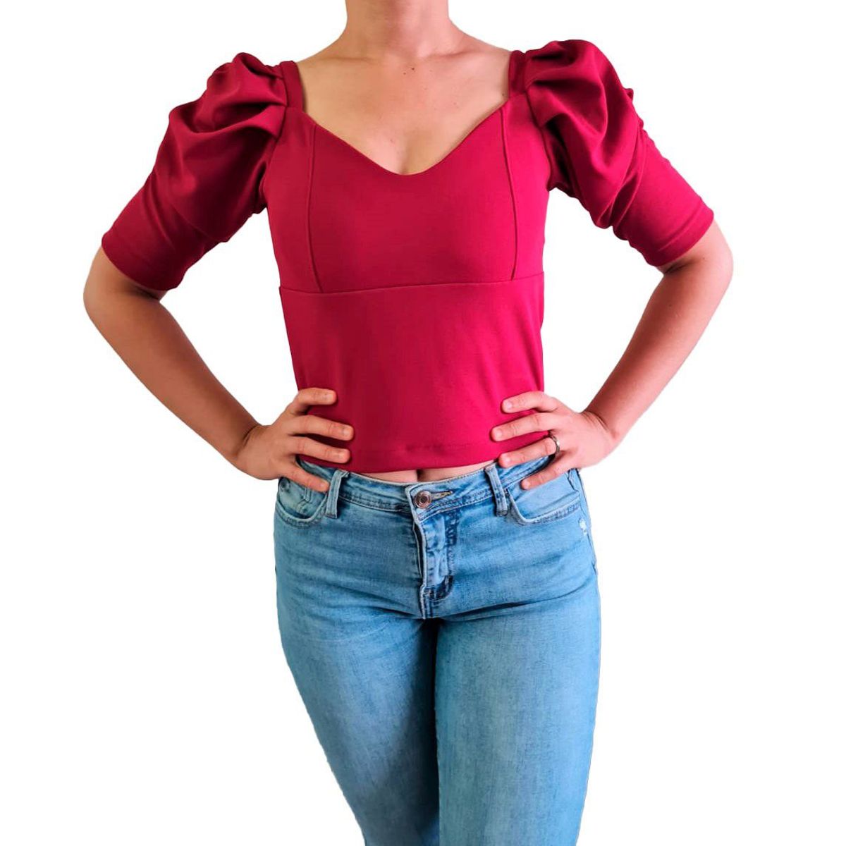 GENERICO - Blusa Mujer Bustier mangas abullonadas- Nathalie Love It - Guinda