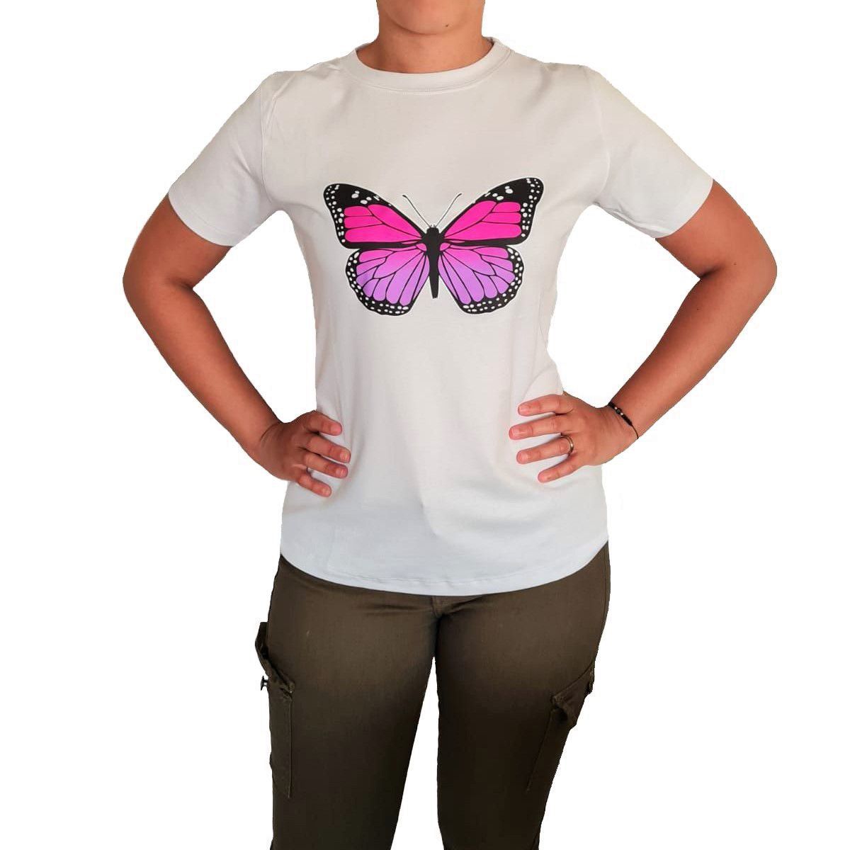 GENERICO - Polo mujer manga corta mariposa lila - Nathalie Love It - Blanco