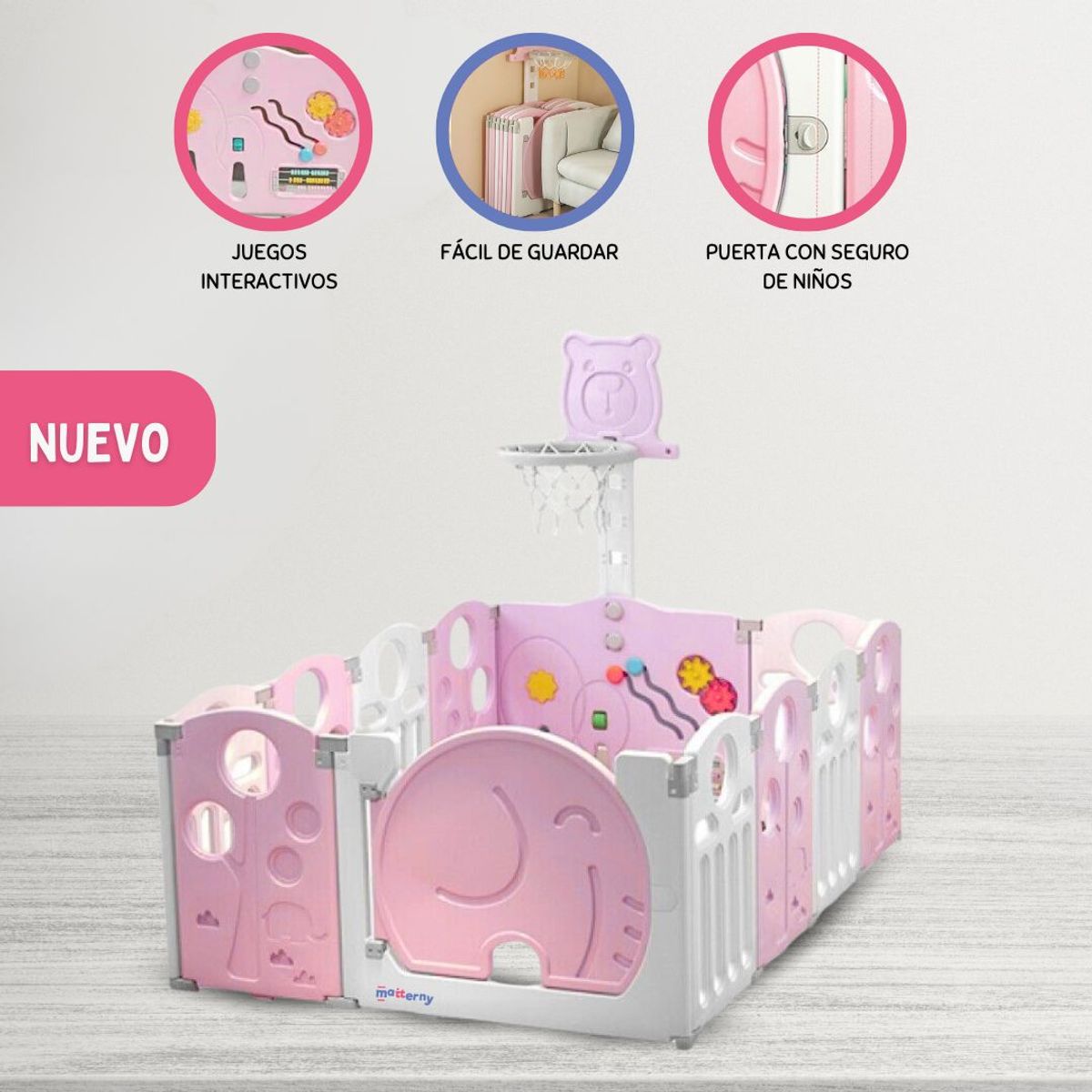 BABY HAPPY - Corral de Juegos Desarmable 16 Pzas «ELEPHANT» Pink