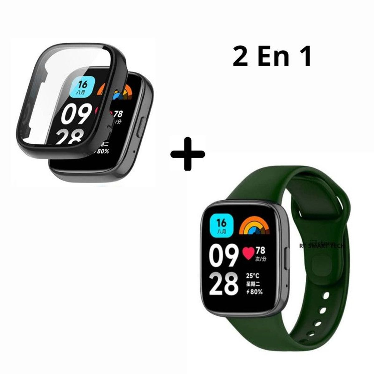 GENERICO - Bumper con Vidrio NEGRO + Correa para Redmi Watch 3 - VERDE