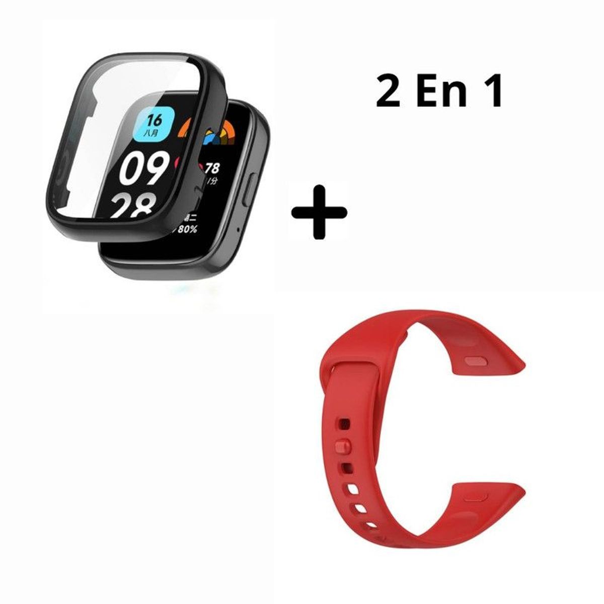 GENERICO - Bumper con Vidrio NEGRO + Correa para Redmi Watch 3 Active - ROJO