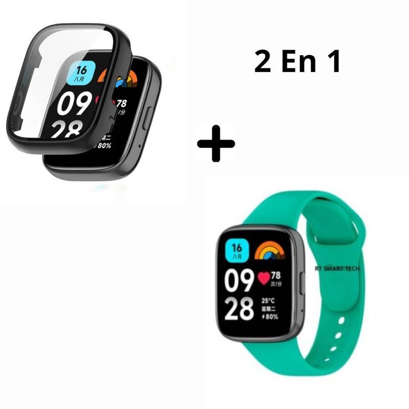 GENERICO - Bumper con Vidrio NEGRO + Correa para Redmi Watch 3 - Verde Menta