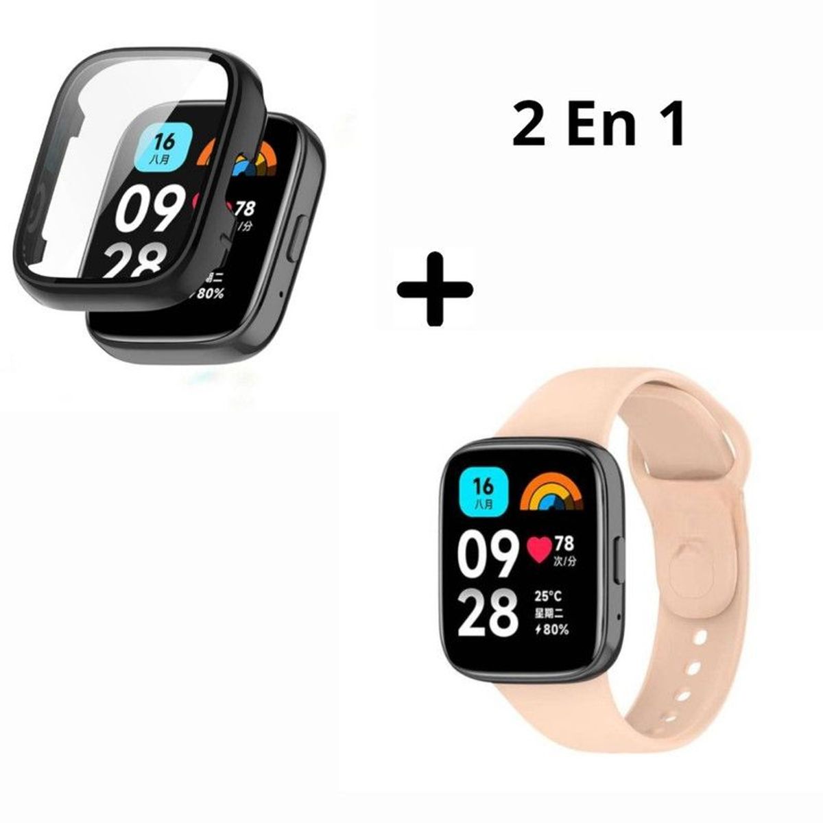 GENERICO - Bumper con Vidrio NEGRO + Correa para Redmi Watch 3 - ROSA