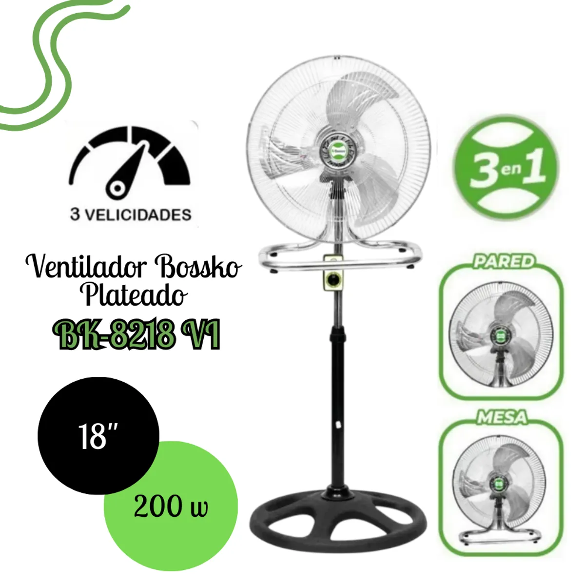 BOSSKO - Ventilador Bossko de 3 Aspas 3en1 18″ 200 Watts BK-8218VI - PLATEADO