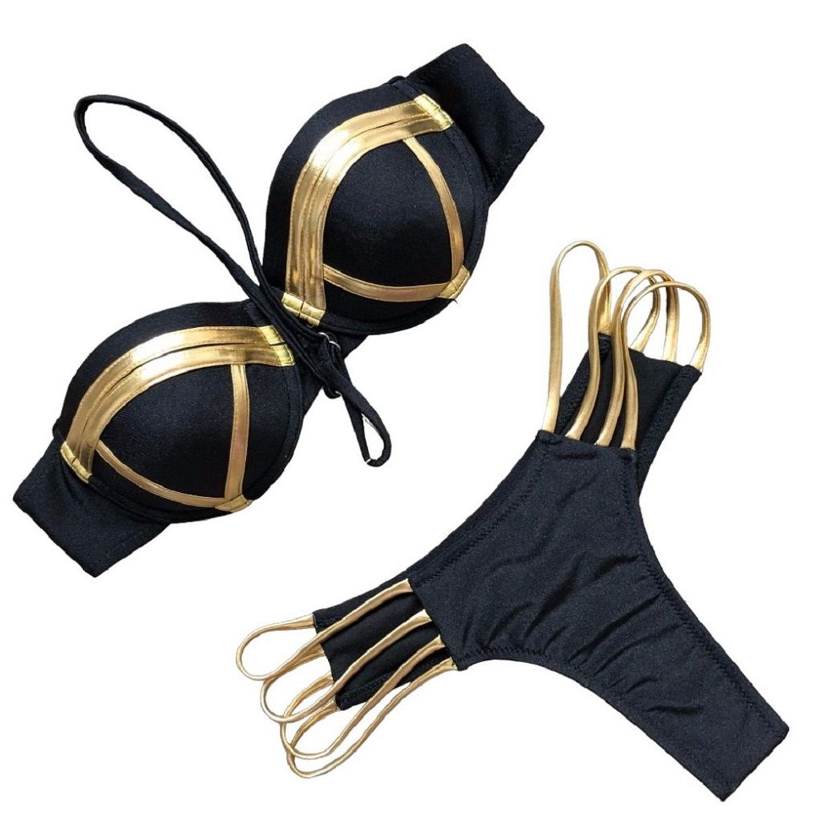 GENERICO - Bikini Hot Push-Up Brasileño Negro Sexy Moda Verano Playa Genieka