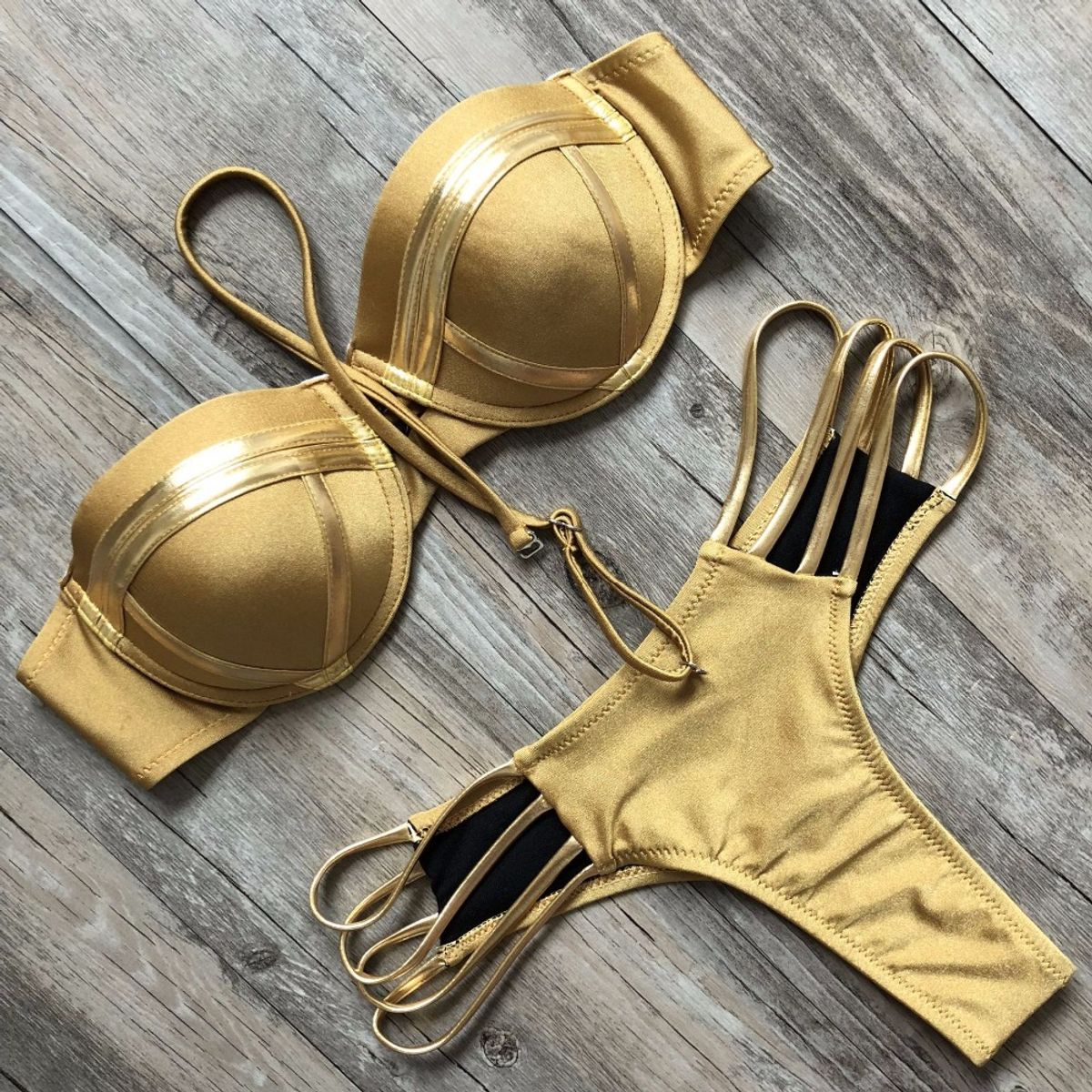 GENERICO - Bikini Brasileño Hot Push-Up Dorado Mujer Moda Verano Playa Genieka