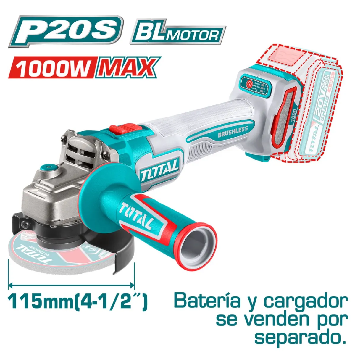 TOTAL TOOLS - AMOLADORA 20V ANGULAR INALÁMBRICA TOTAL BRUSHLESS 4-UN MEDIO -TAGLI27153