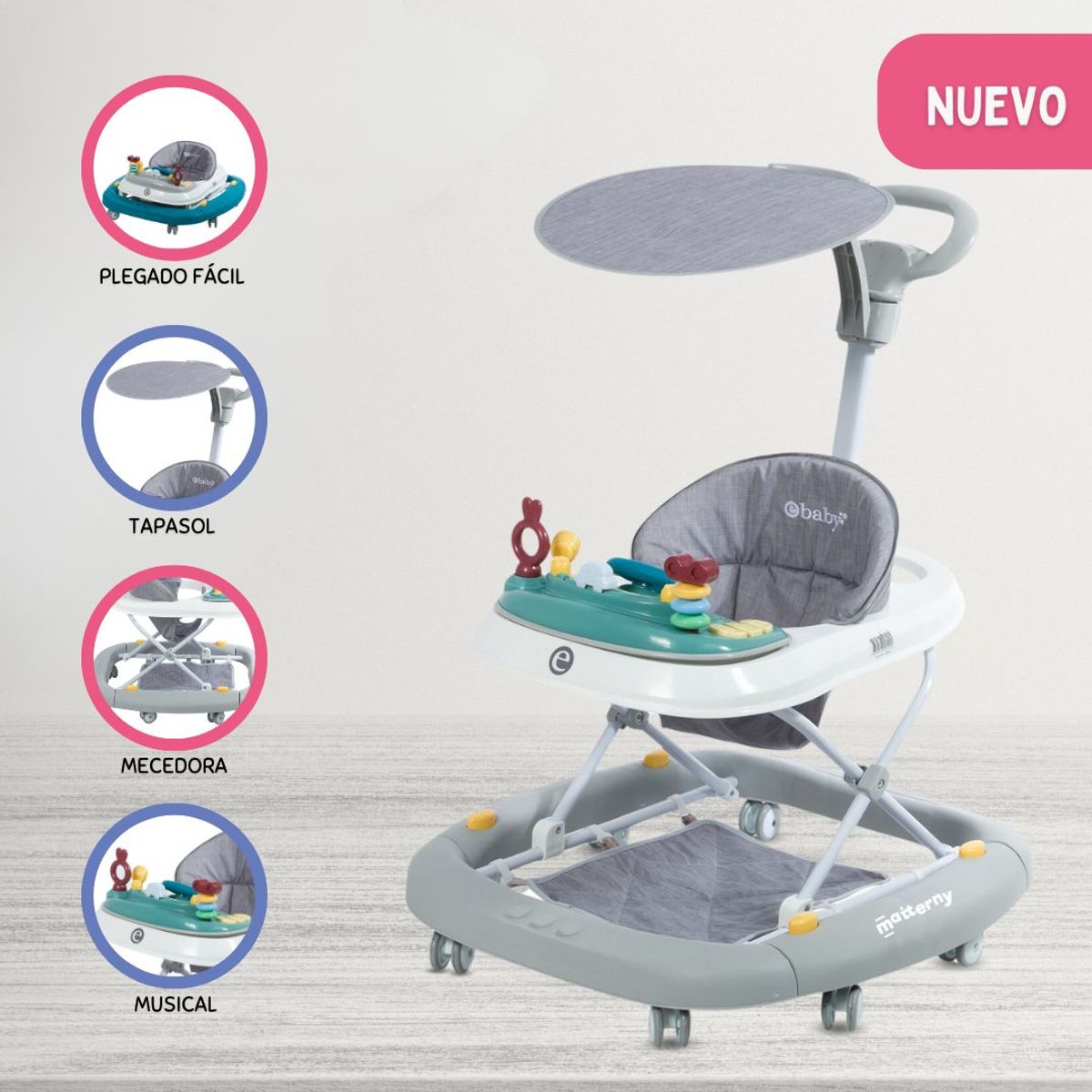 EBABY - Andador Mecedora 4 en 1 para Bebés «LUA» Gray