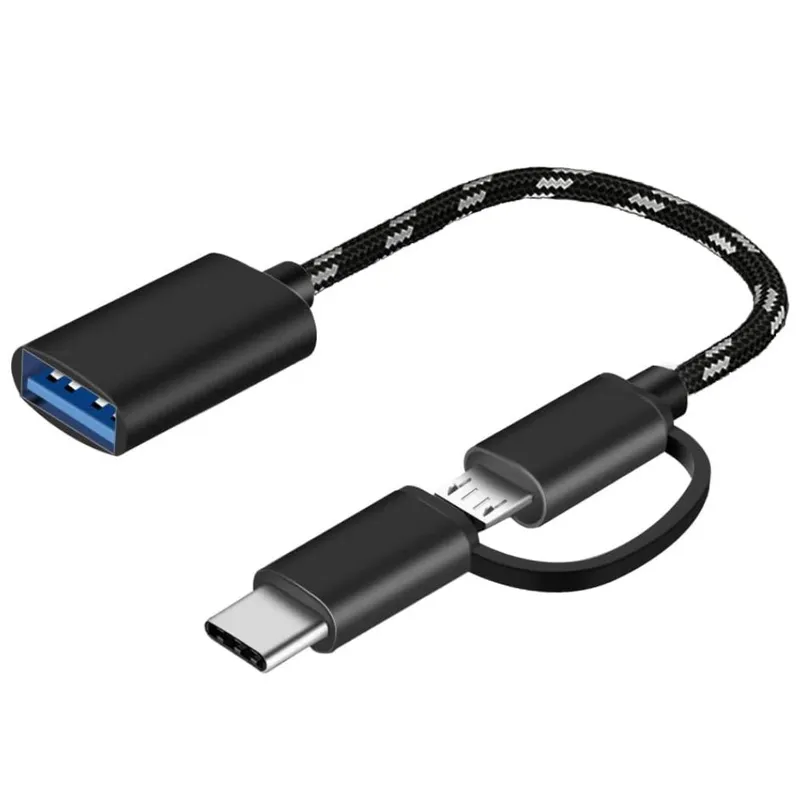 GENERICO - ADAPTADOR OTG USB HEMBRA A TIPO C Y V8 MICRO USB NEGRO