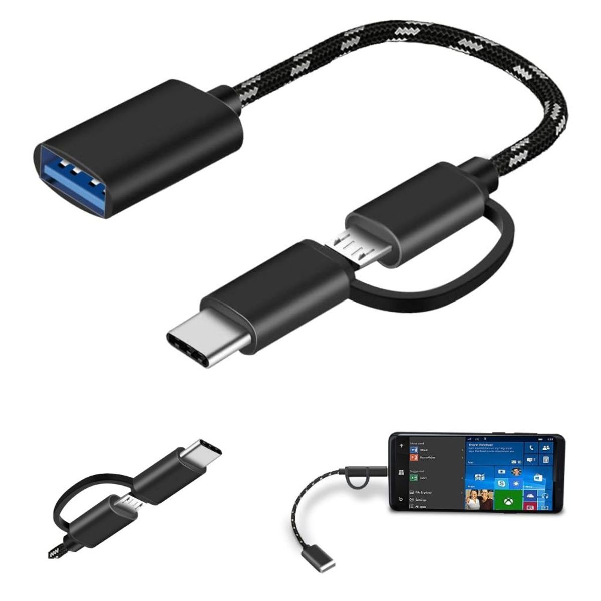 GENERICO - ADAPTADOR OTG USB HEMBRA A TIPO C Y V8 MICRO USB NEGRO