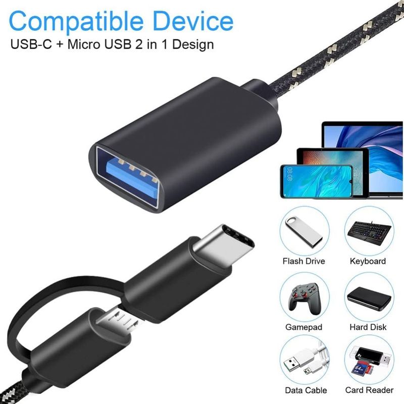 GENERICO - ADAPTADOR OTG USB HEMBRA A TIPO C Y V8 MICRO USB NEGRO