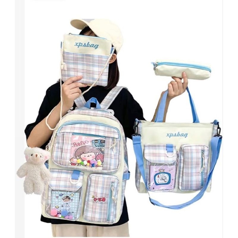GENERICO - Mochila Kawaii Set de 4 piezas con accesorios Moda Coreana Q Tendencia