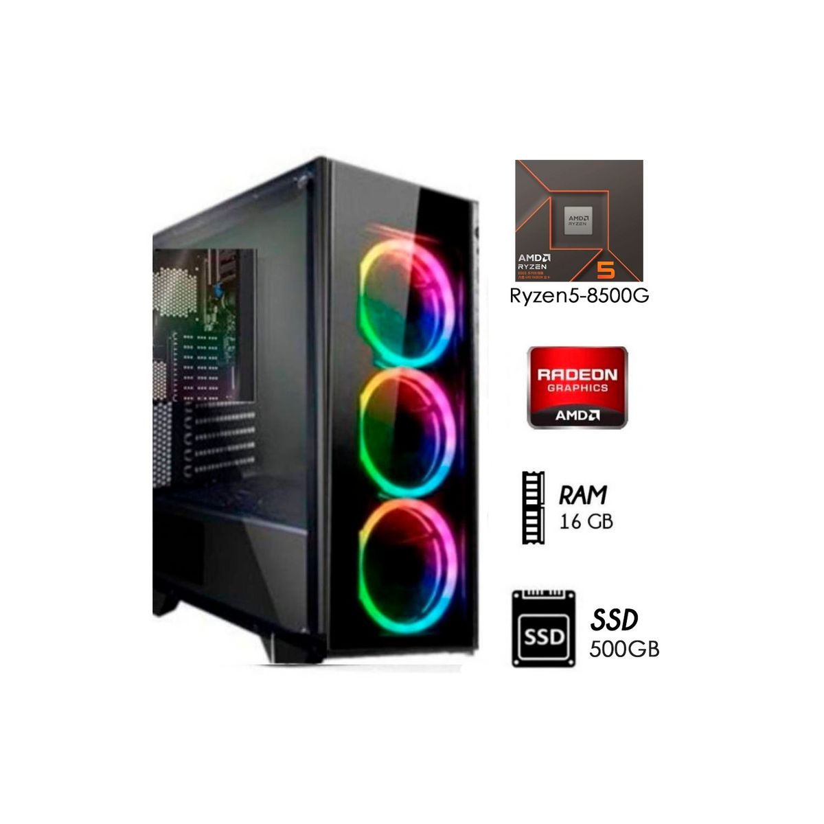 AMD - COMPUTADORA PC GAMER RYZEN 5-8500G 3.5 GHZ RAM 16GB SSD 480GB CASE GAMER RGB.