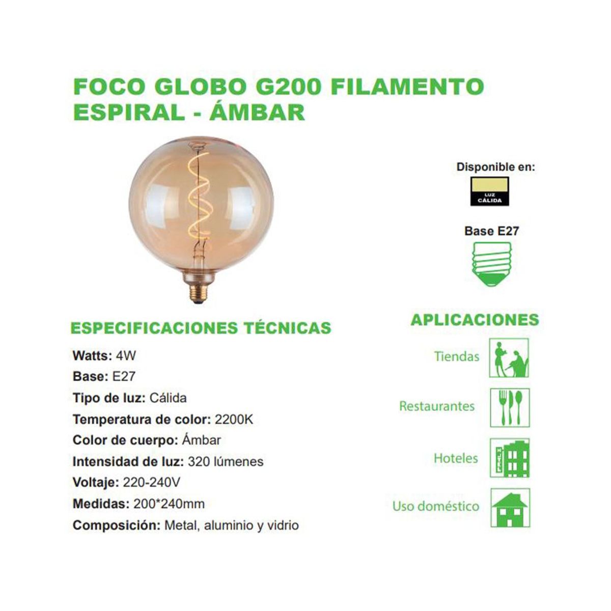 GENERICO - Foco Globo G200 Filamento Espiral Ambar Baita