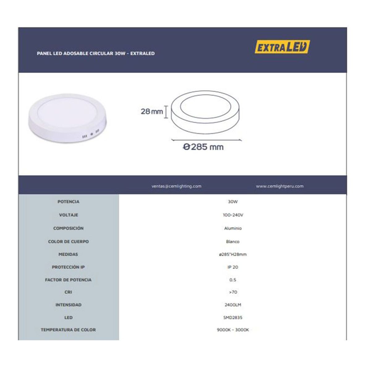GENERICO - Panel Led Adosable Circular Luz Blanca 30W Baita