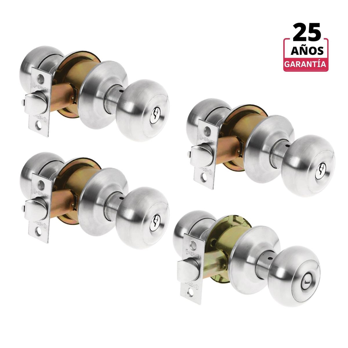 HERMEX - Kit cerradura pomo Hermex 3 dormitorio + 1 baño - Acero Inox Tipo Oval