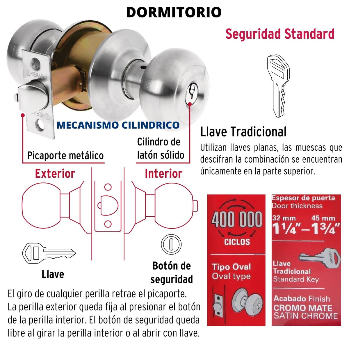 HERMEX - Kit cerradura pomo Hermex 3 dormitorio + 1 baño - Acero Inox Tipo Oval