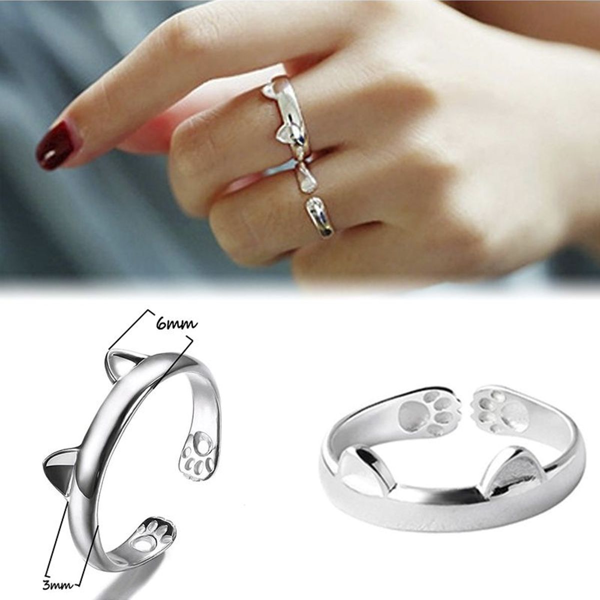 GENERICO - Anillo De Mujer Ajustable Gato Orejas Y Patas Plateado
