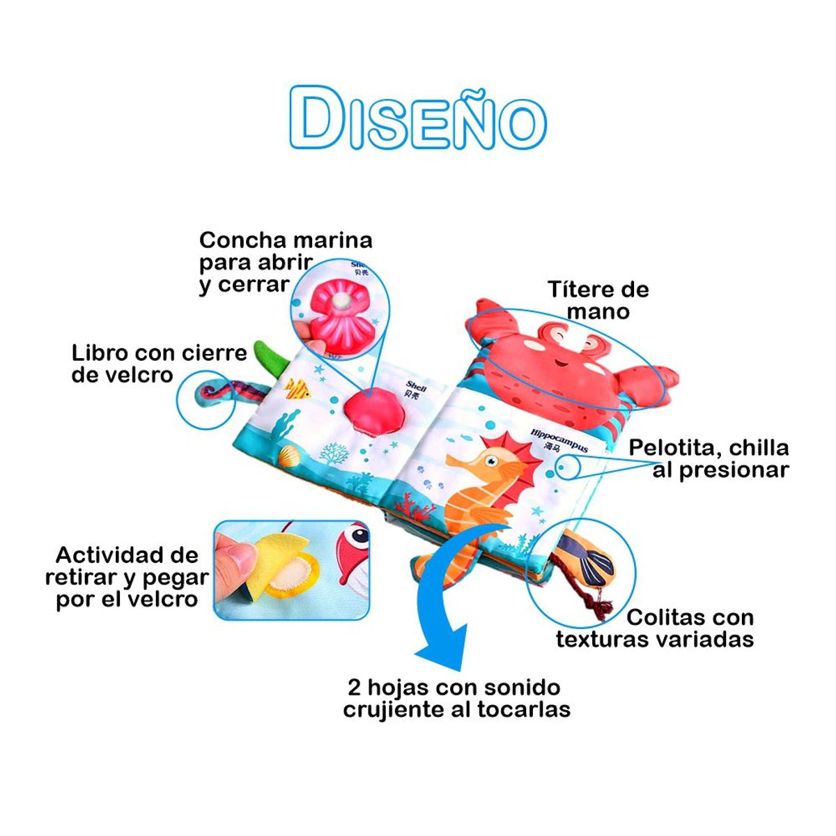 GENERICO - Títere y Libro Sensorial con Colitas 3D de Animales Marinos