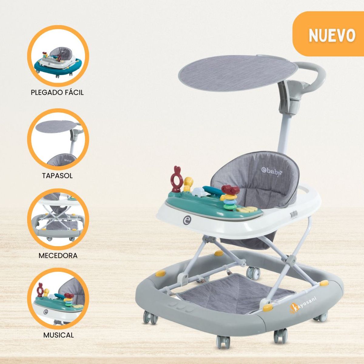 EBABY - Andador Mecedora 4 en 1 para Bebés «LUA» Gray