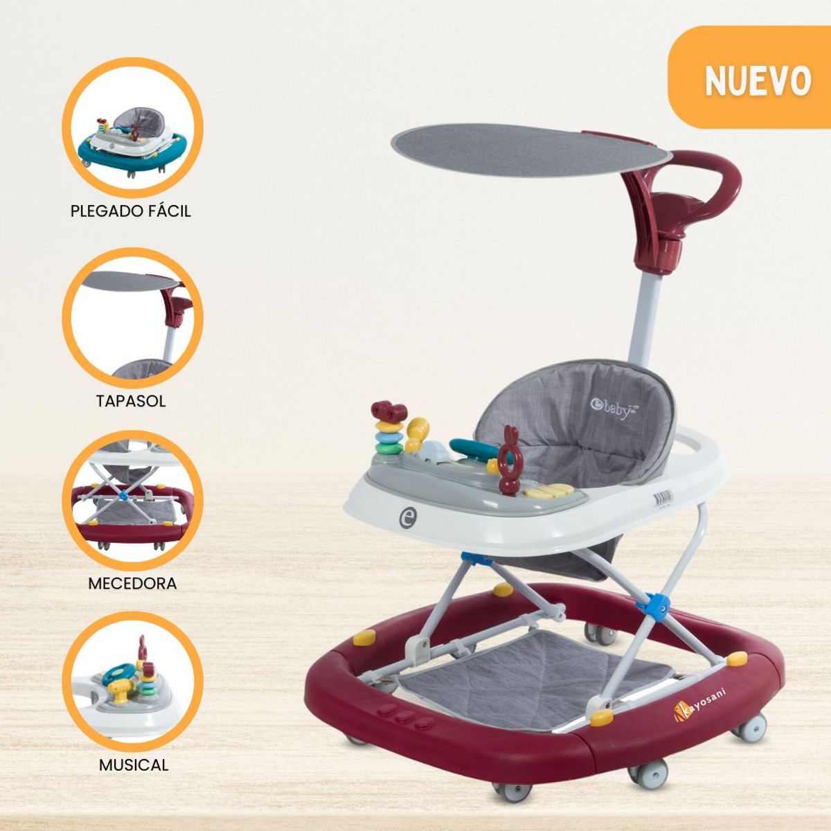 EBABY - Andador Mecedora 4 en 1 para Bebés «LUA» Red