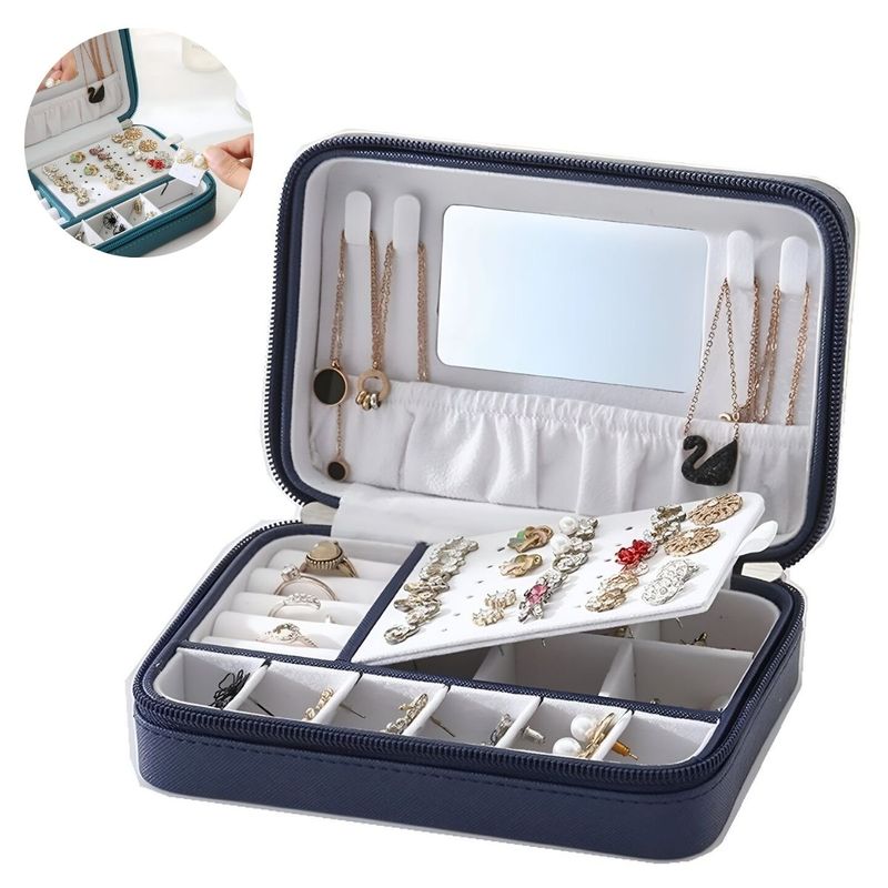 ELMEJORPRECIO - Joyero Organizador Portatil Con Espejo Y Cierre Azul