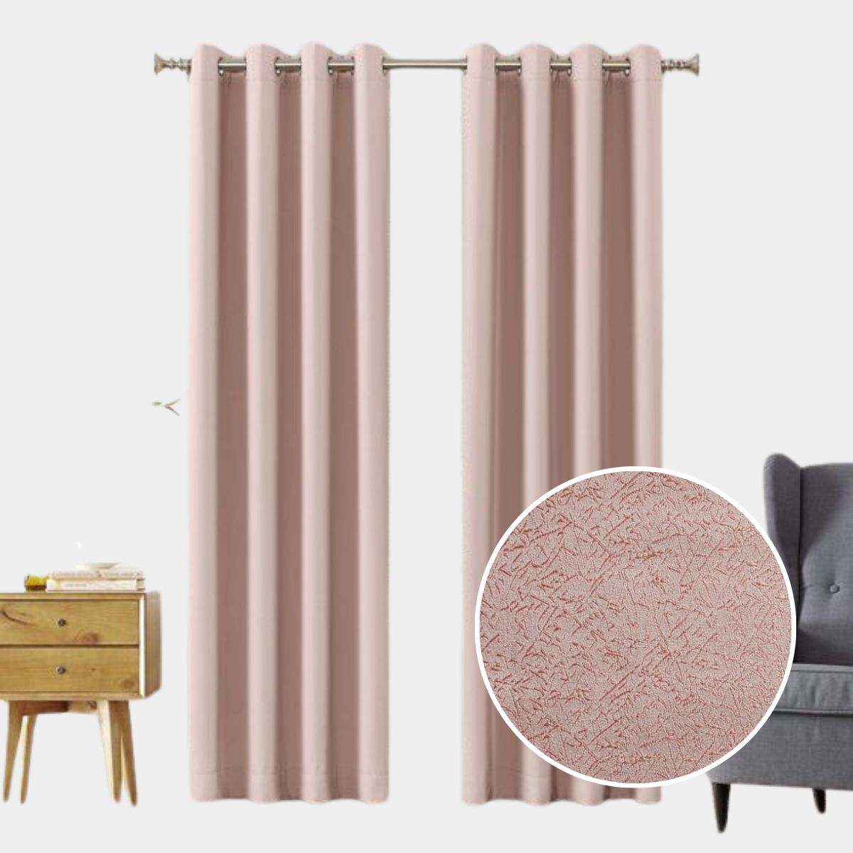 SALA FABULOSA - Cortina con aros jacquard 3mts ancho compartido x 2.30 alto Rosa nude