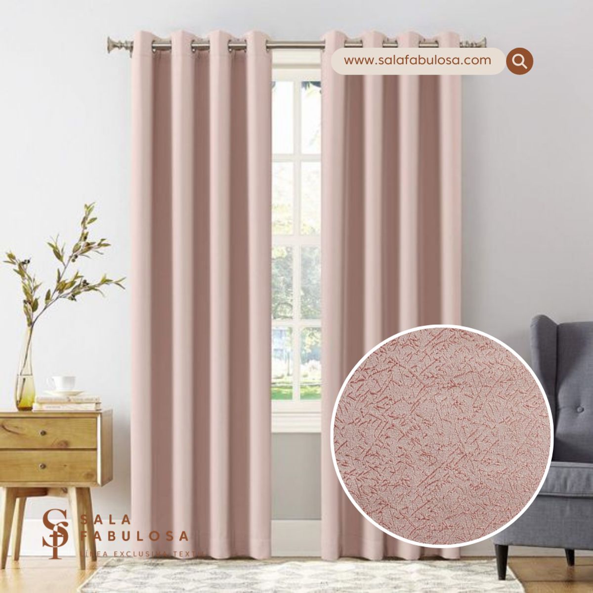 SALA FABULOSA - Cortina con aros jacquard 3mts ancho compartido x 2.30 alto Rosa nude