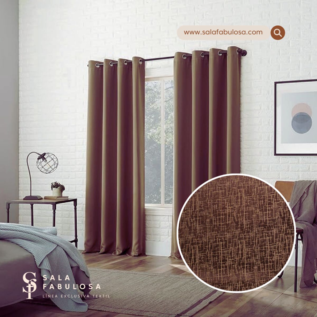 SALA FABULOSA - Cortina con aros jacquard 3mts ancho compartido x 2.30 alto Chocolate