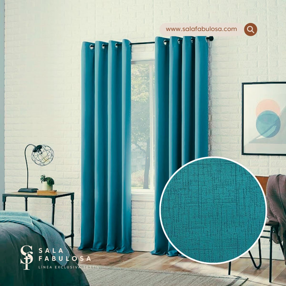 SALA FABULOSA - Cortina con aros jacquard 3mts ancho compartido x 2.30 alto TURQUESA