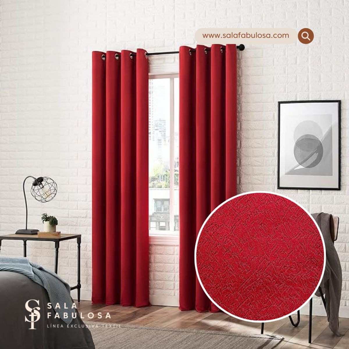 SALA FABULOSA - Cortina con aros jacquard 3mts ancho compartido x 2.30 alto ROJO