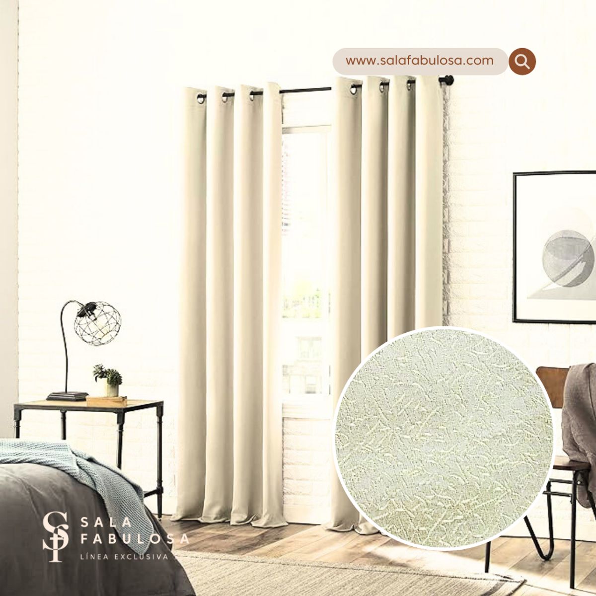 SALA FABULOSA - Cortina con aros jacquard 3mts ancho compartido x 2.30 alto CREMA