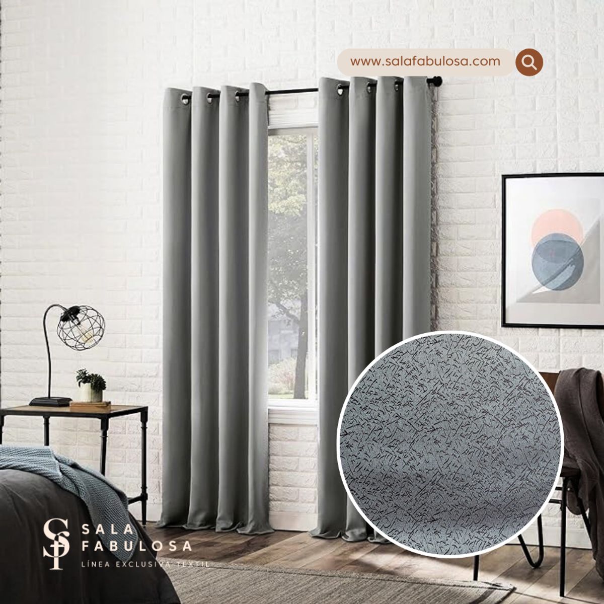 SALA FABULOSA - Cortina con aros jacquard 3mts ancho compartido x 2.30 alto PLOMO