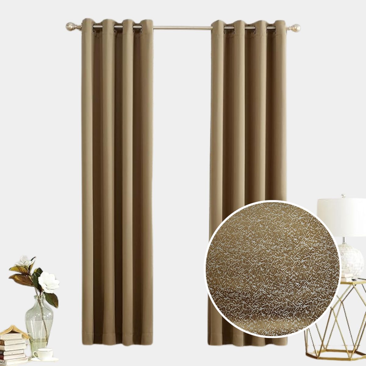 SALA FABULOSA - Cortina con aros jacquard 3mts ancho compartido x 2.30 alto Oro viejo