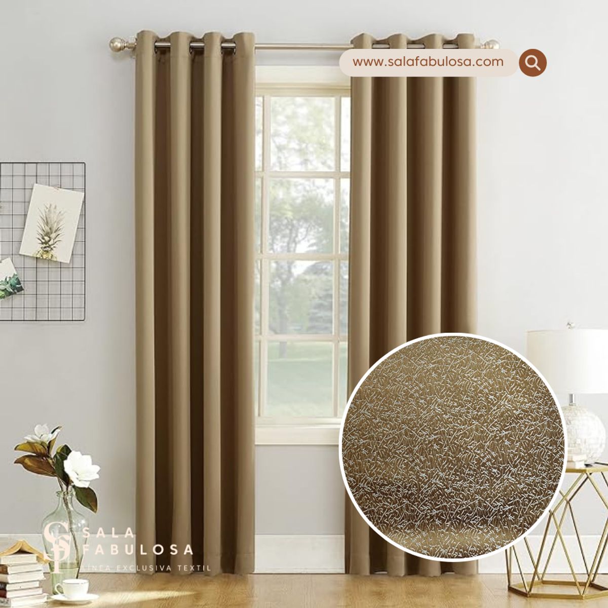 SALA FABULOSA - Cortina con aros jacquard 3mts ancho compartido x 2.30 alto Oro viejo