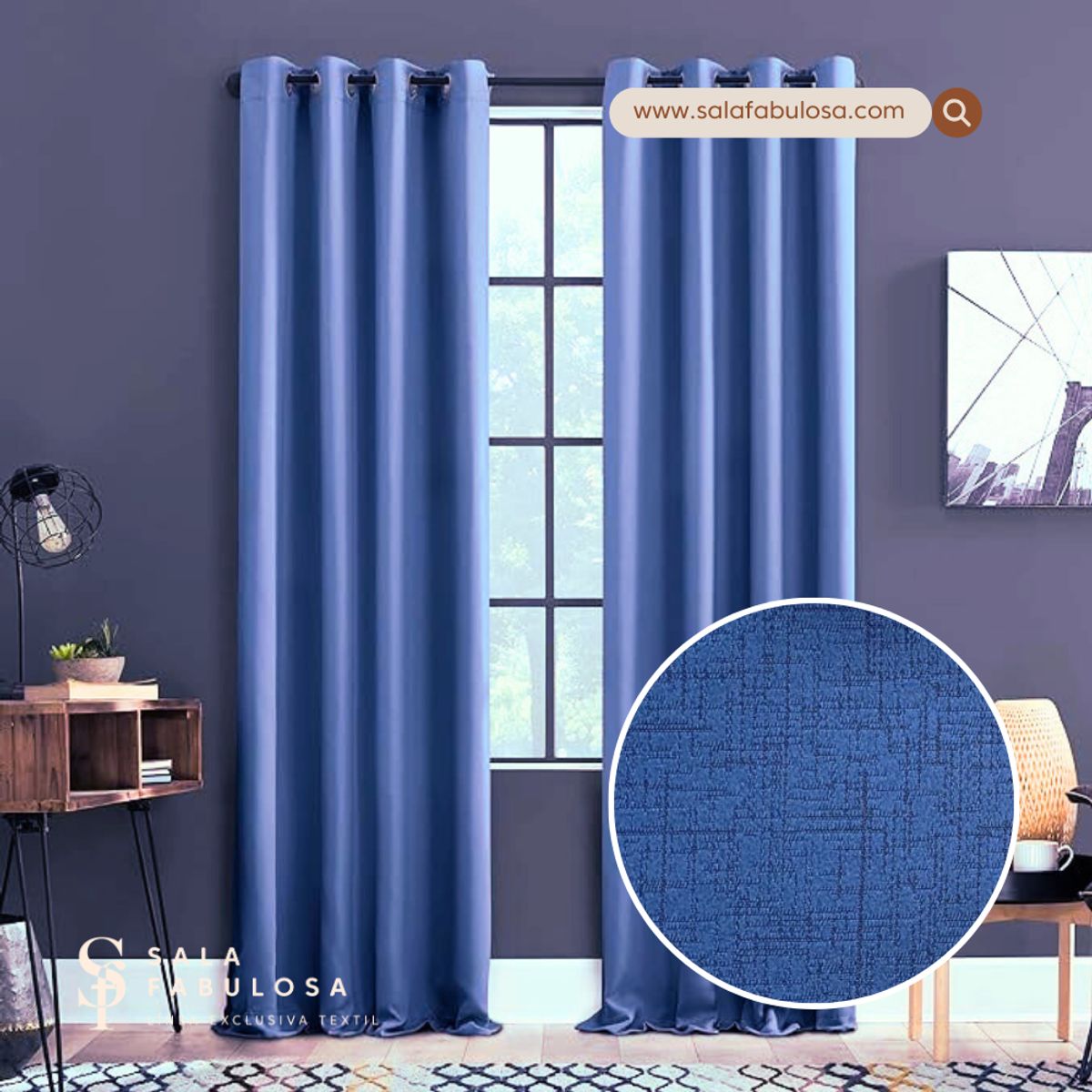SALA FABULOSA - Cortina con aros jacquard 3mts ancho compartido x 2.30 alto AZUL