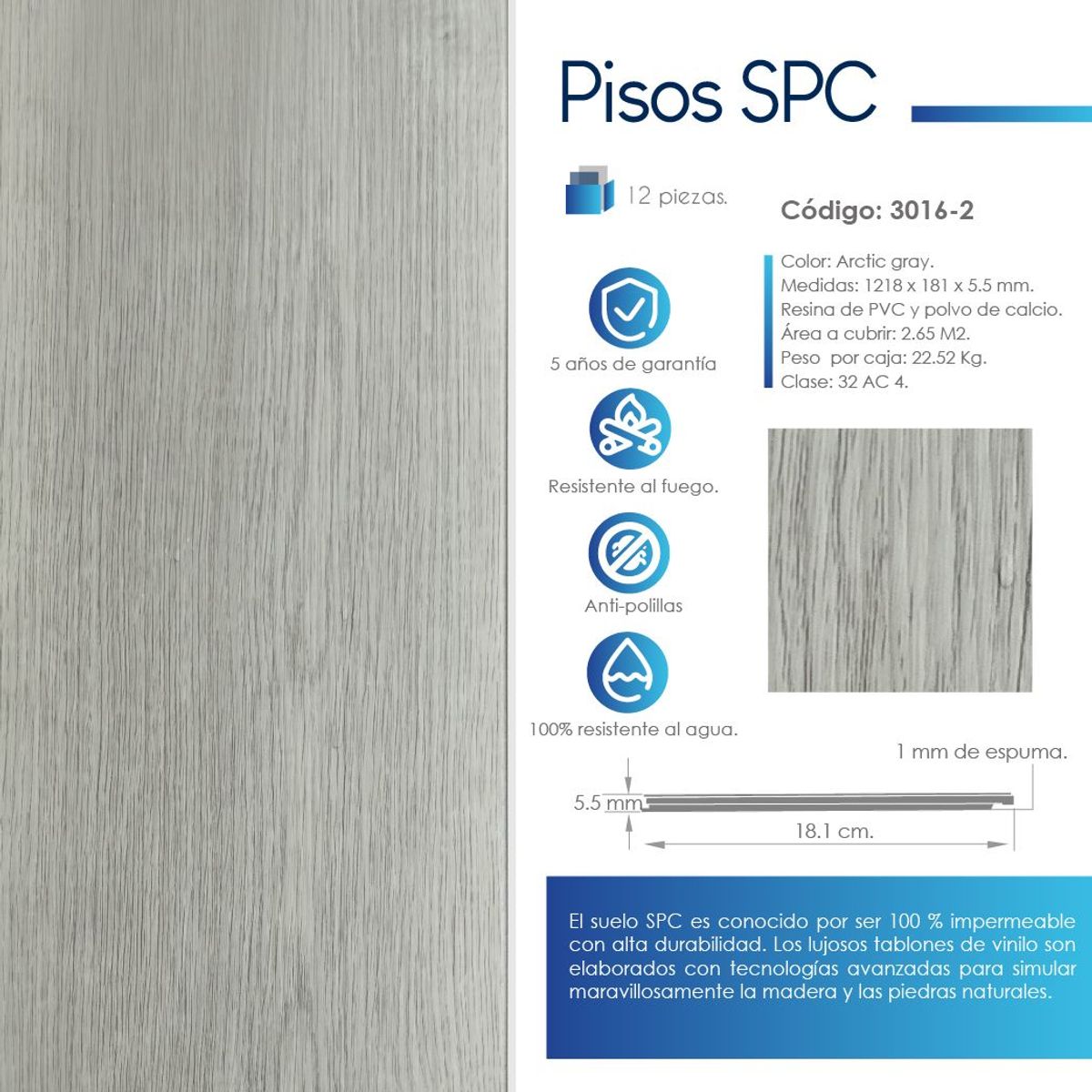 VIDAR - PISO SPC ARTIC GRAY 5.5 MM - VENTA POR CAJA 2.65 M2